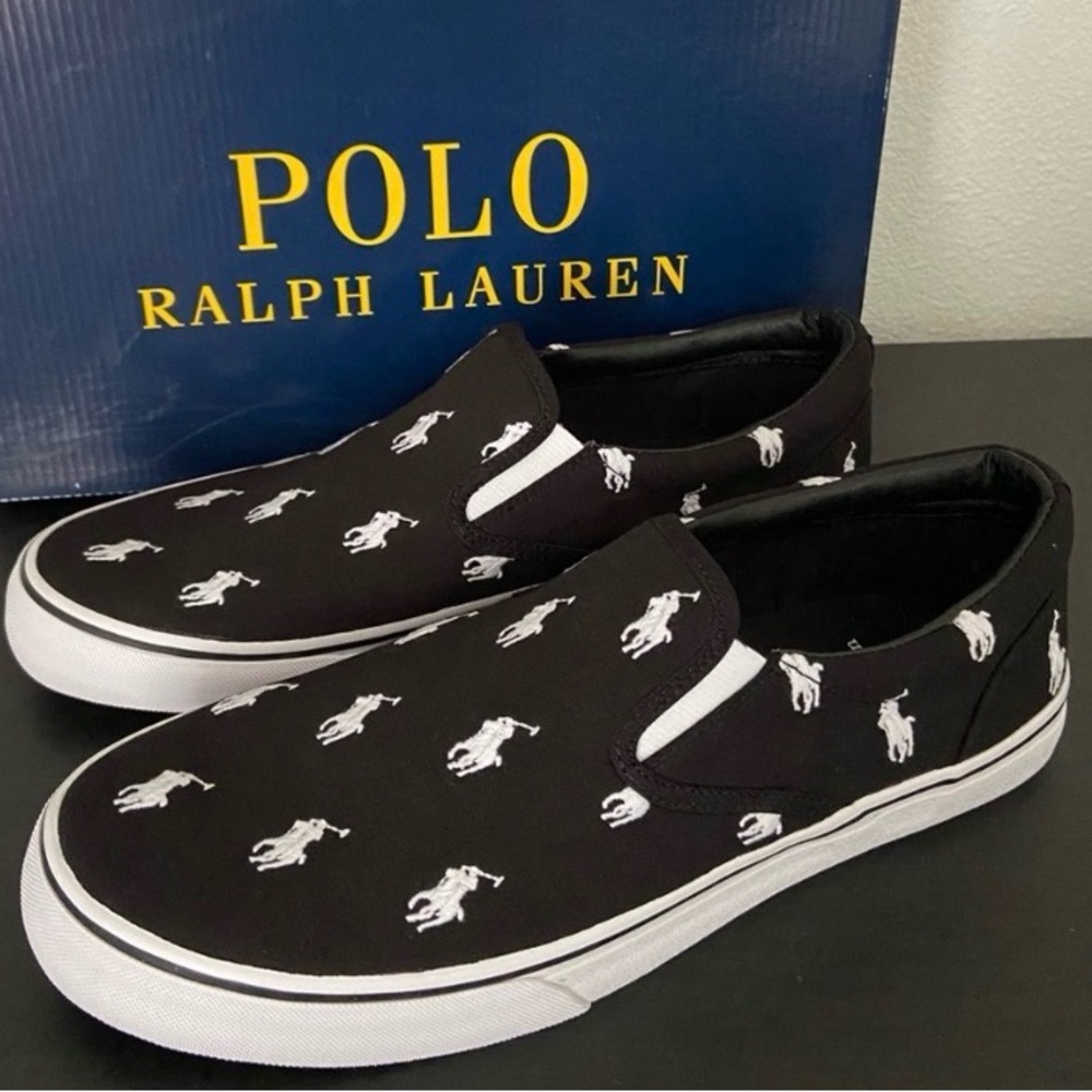 New POLO RALPH LAUREN THOMPSON SLIP ON MEN SNEAKERS PONY Black CANVAS SIZE 12D